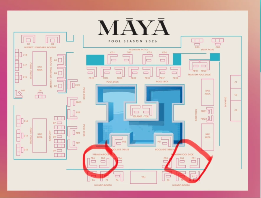 Official MAYA pool venue map. Two premium pool-deck table areas are circled in red; the group's reserved spot is The Island in the middle of the pool.