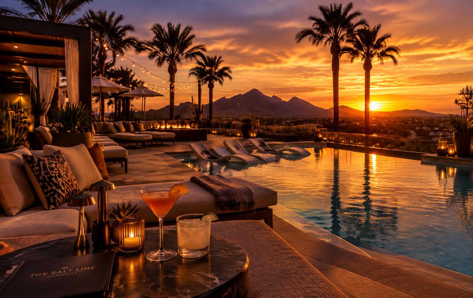 Rooftop lounge at sunset with palm trees and cocktails
