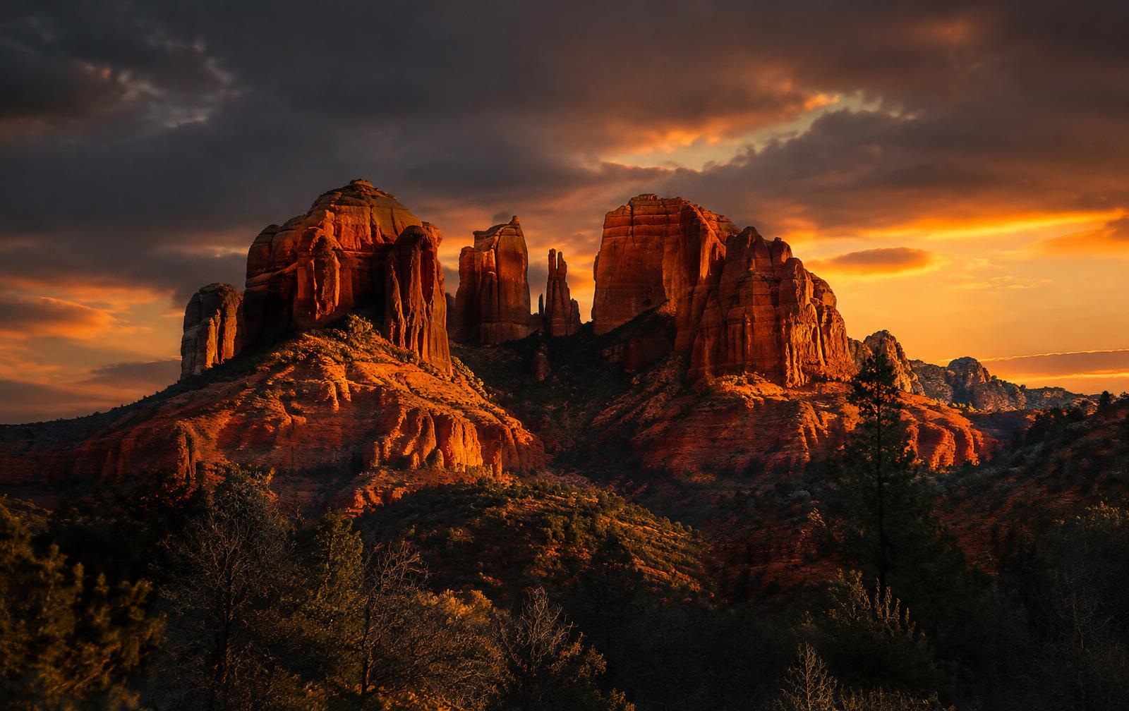Cathedral Rock glowing at golden hour in Sedona
